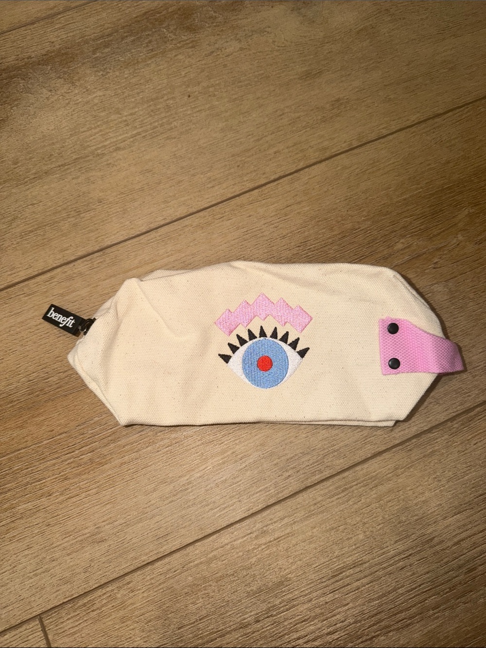Benefit Beige Canvas Pencil Pouch with Pink Handle and Eye Motif